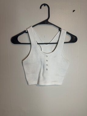 Poof! White Ribbed Snap-Front Crop Tank